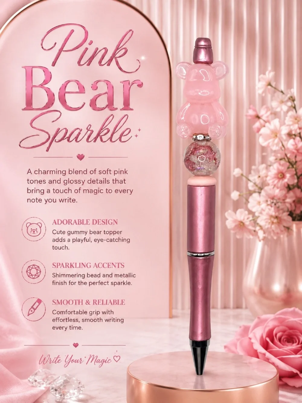 Pink Bear Sparkle Pen